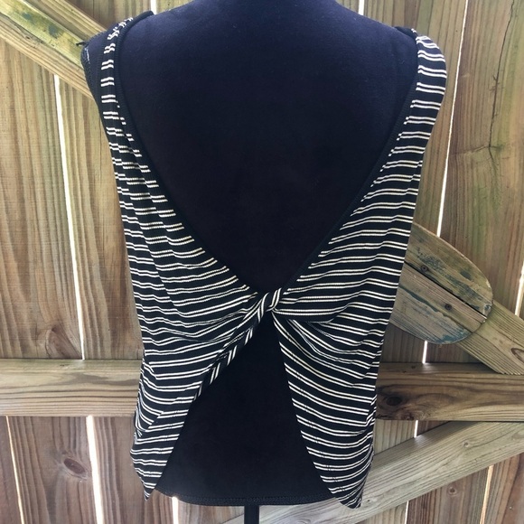 Bebe Aimee Knot Back Black & White Striped Sleeveless Top with Crystal Logo L - Picture 2 of 9